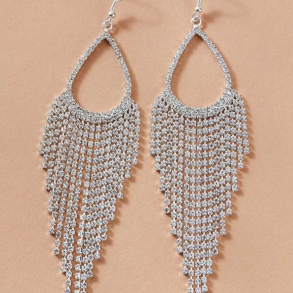 Silver Rhinestone Tassel Decor Drop Earrings, SIlver Tassel bling Earrings - Picture 2 of 4